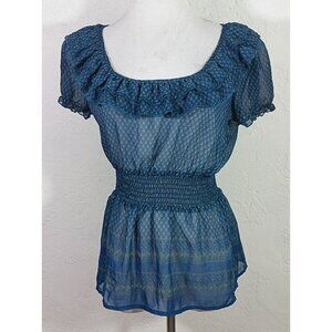 Suzy Shier Top Small Multicolor Geometric Ruffle Neckline Floral Sheer